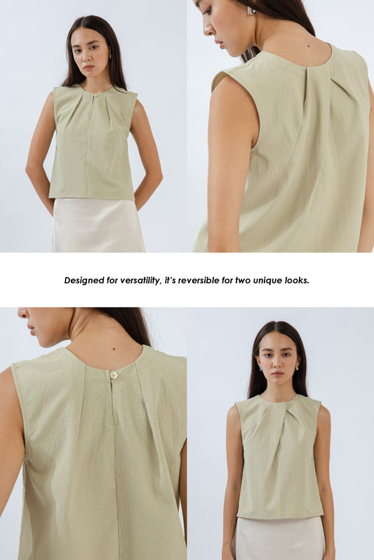 Round Pleated Neckline Sleeveless Top (Green)