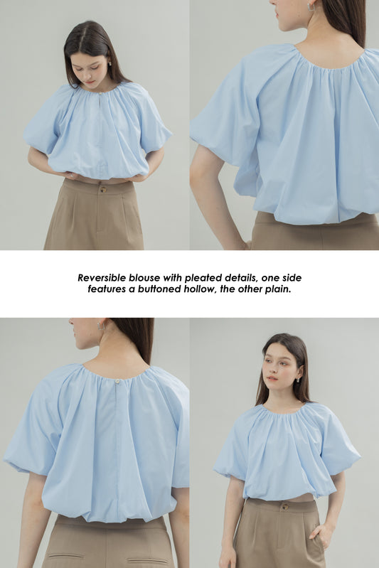 Two Way Pleated Balloon Sleeve Blouse (Light Blue)