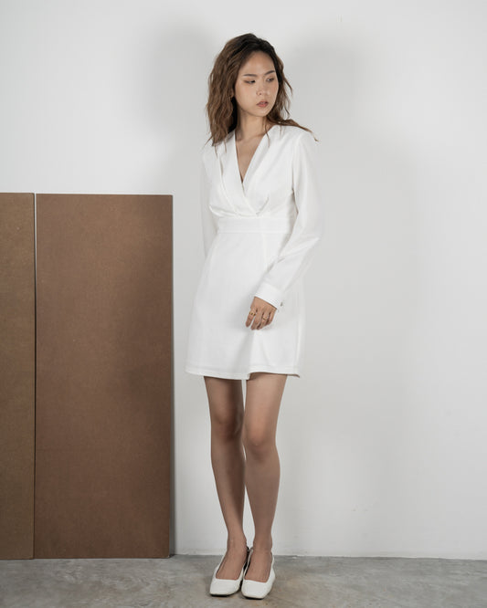 V-Neck Long Sleeve Dress (White)