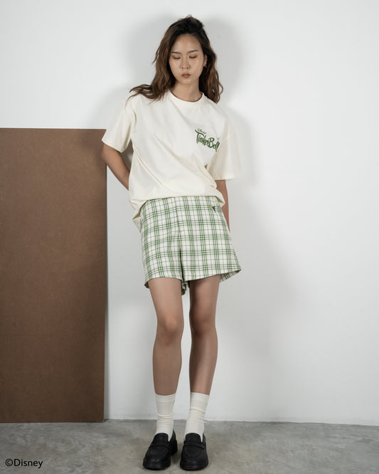 Tinkerbell Folded Waist Embroidery Shorts (Plaid)