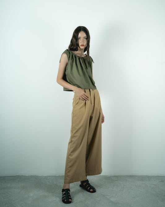 Pleated Wide Leg Trousers (Khaki)