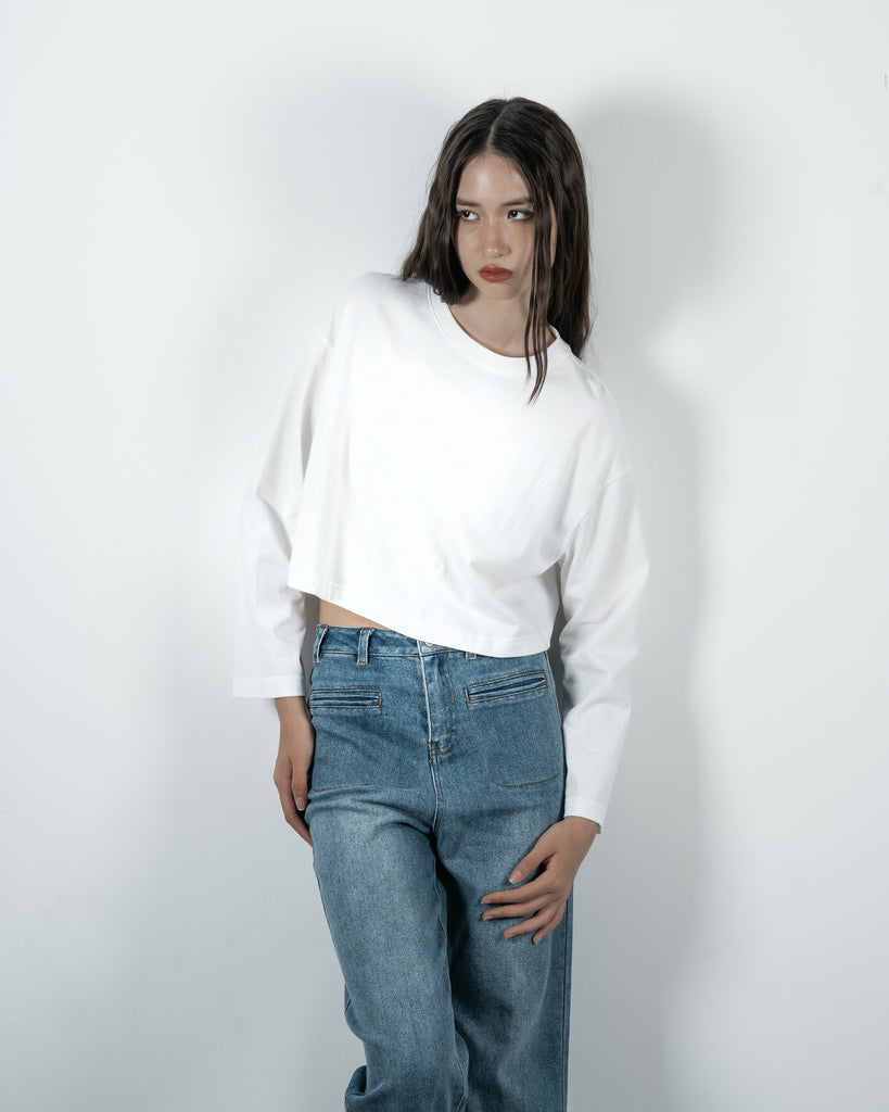 Cotton Crop Long Sleeve Top (White)