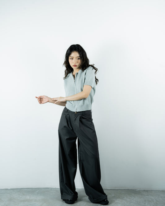 Short Sleeve Zip-Up Knit Top (Ash Green)