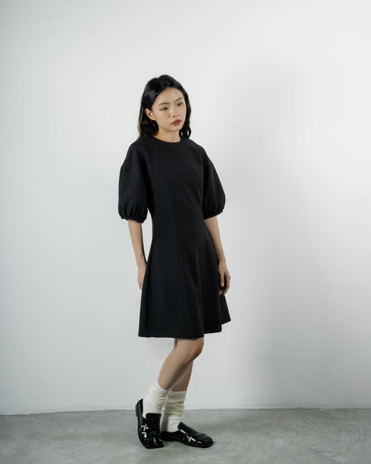 Cutline Balloon Sleeve Dress (Black)