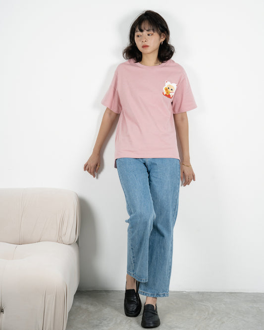 LULU Embroidery Fortune Cat Tee (Pink)