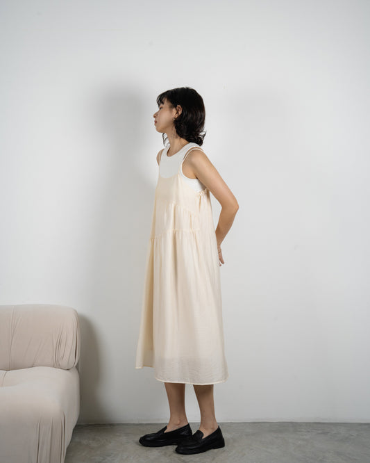 Wave Cutline Ruched Dress (Cream)