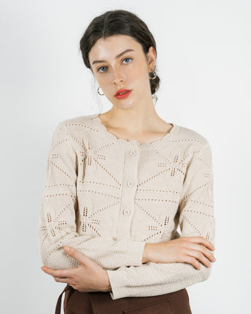 Floral Crochet Long Sleeve Cardigan (Beige)