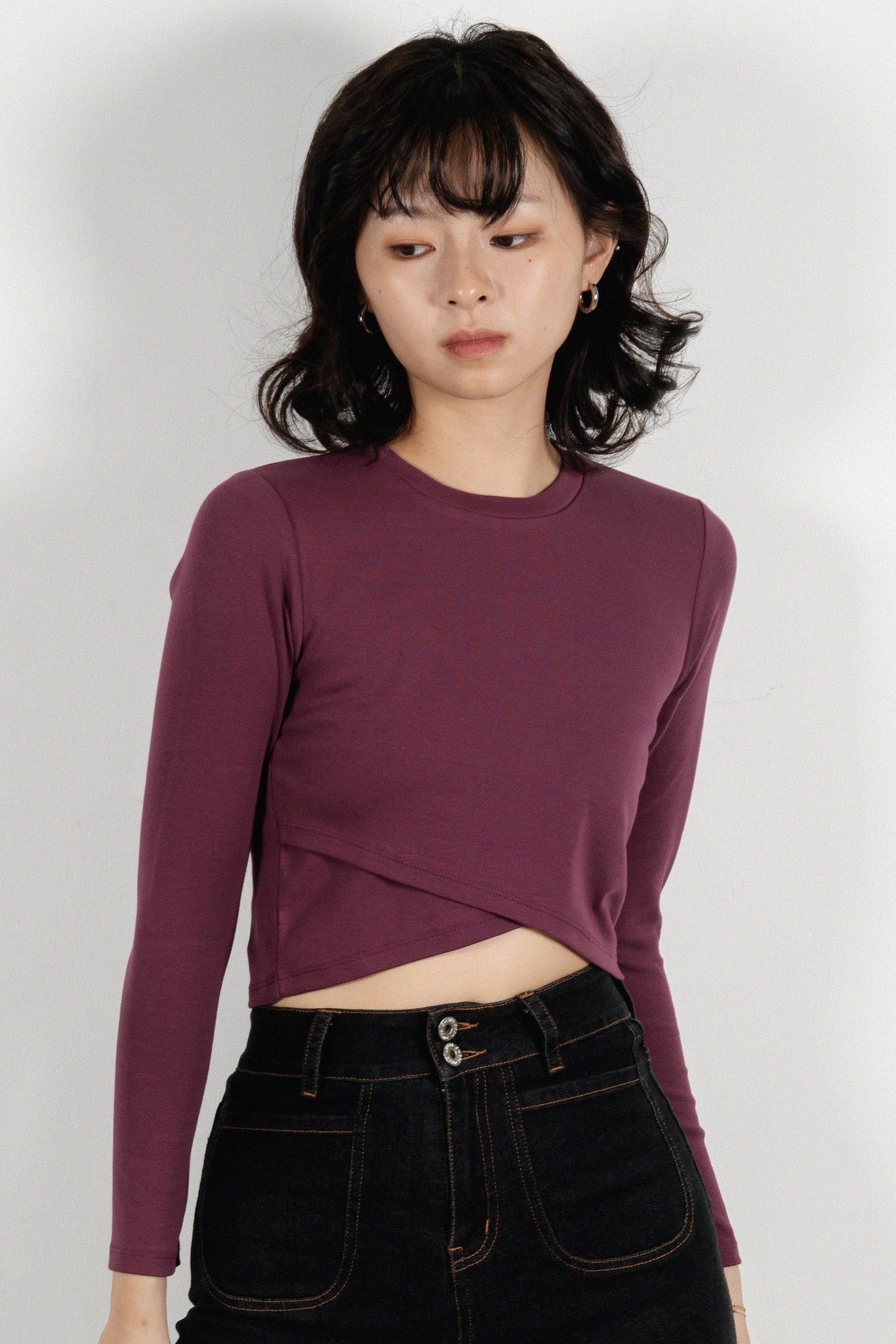 Slanted Overlap Long Sleeve Top (Dark Purple)