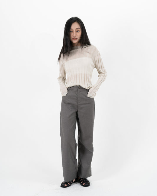 Turtleneck Sheer Ribbed Knit Top (Beige)