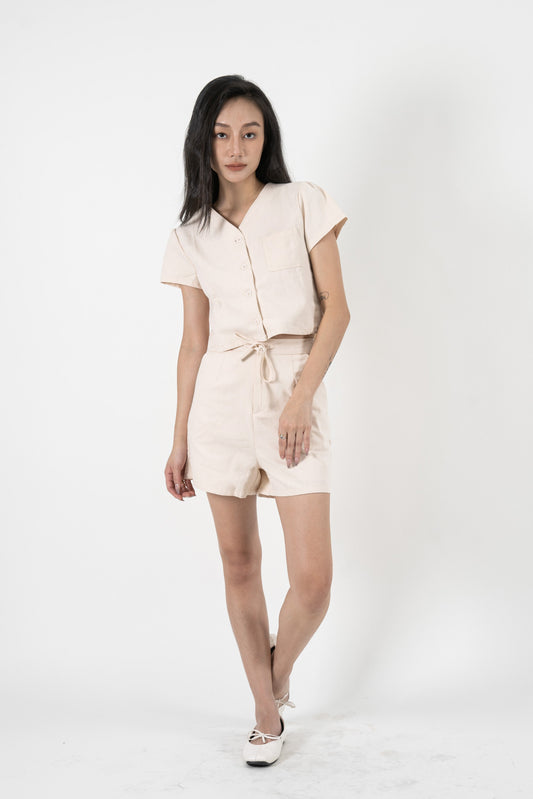 V Neck Button Front Cotton Top (Beige)