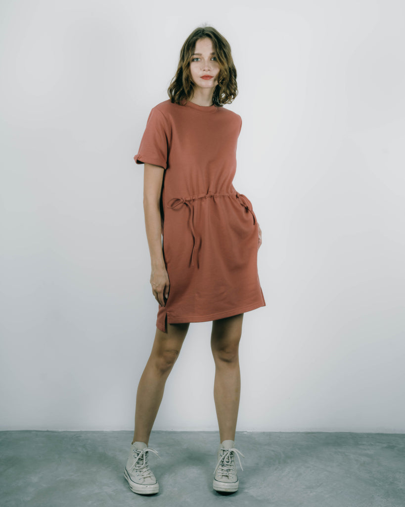 Front Drawstring Tee Dress (Brick)
