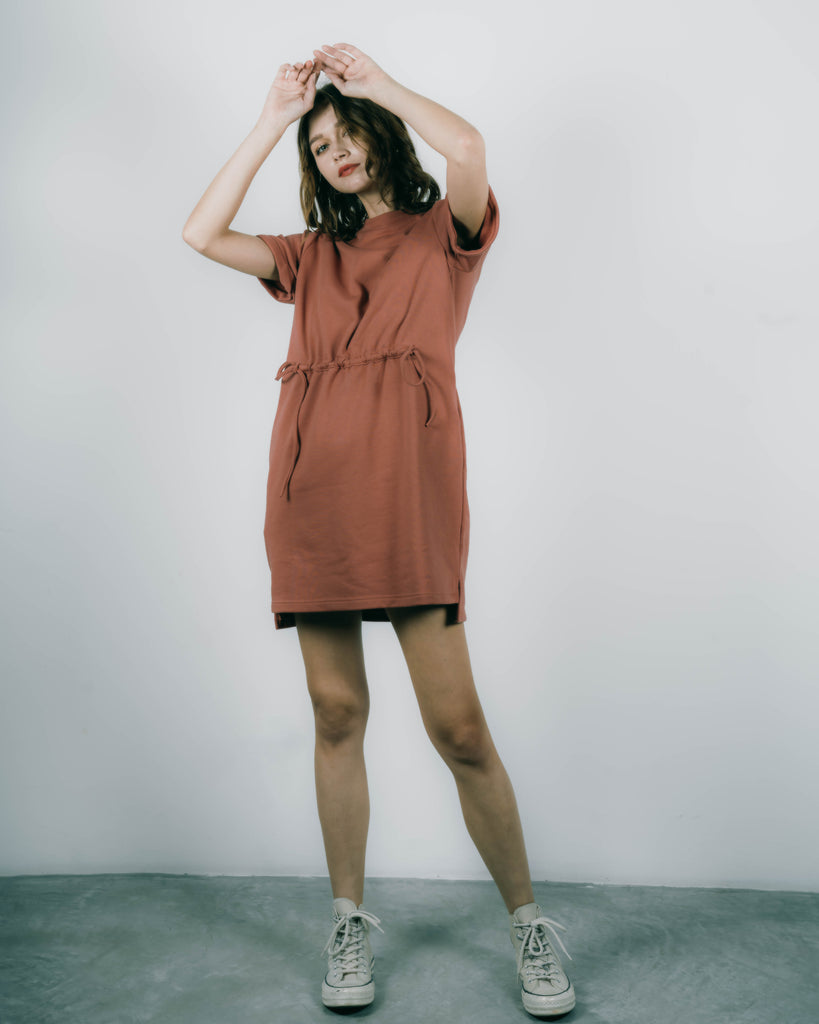 Front Drawstring Tee Dress (Brick)