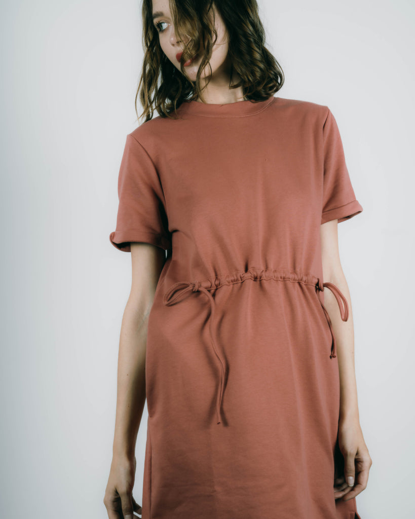 Front Drawstring Tee Dress (Brick)