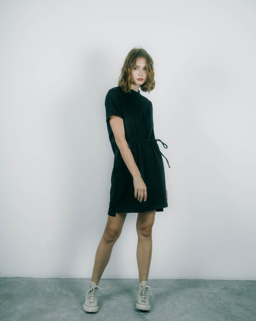 Front Drawstring Tee Dress (Black)