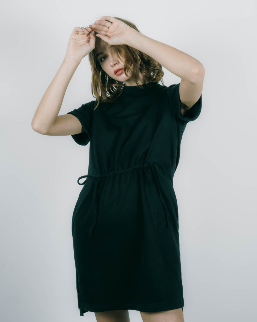 Front Drawstring Tee Dress (Black)
