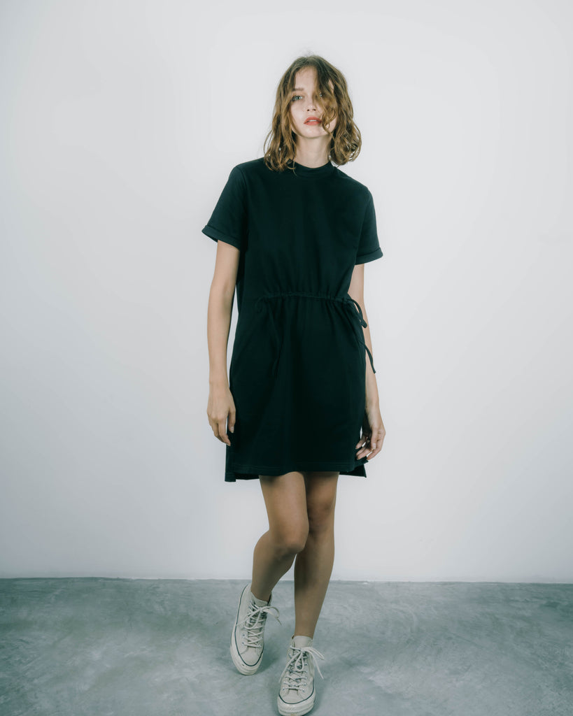 Front Drawstring Tee Dress (Black)