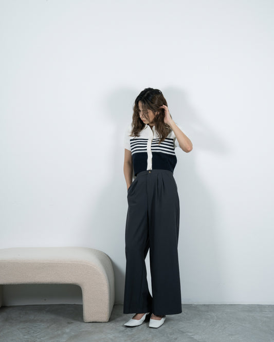 Eco Striped Button Knit Top (Navy)