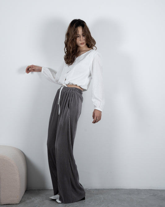 V-neck Drawstring Waist Blouse (White)