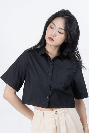 Short Sleeve Pocket Crop Shirt (Black)