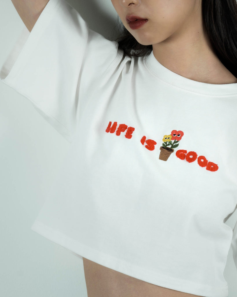 LULU Life Is Good Embroidery Crop Top (White)