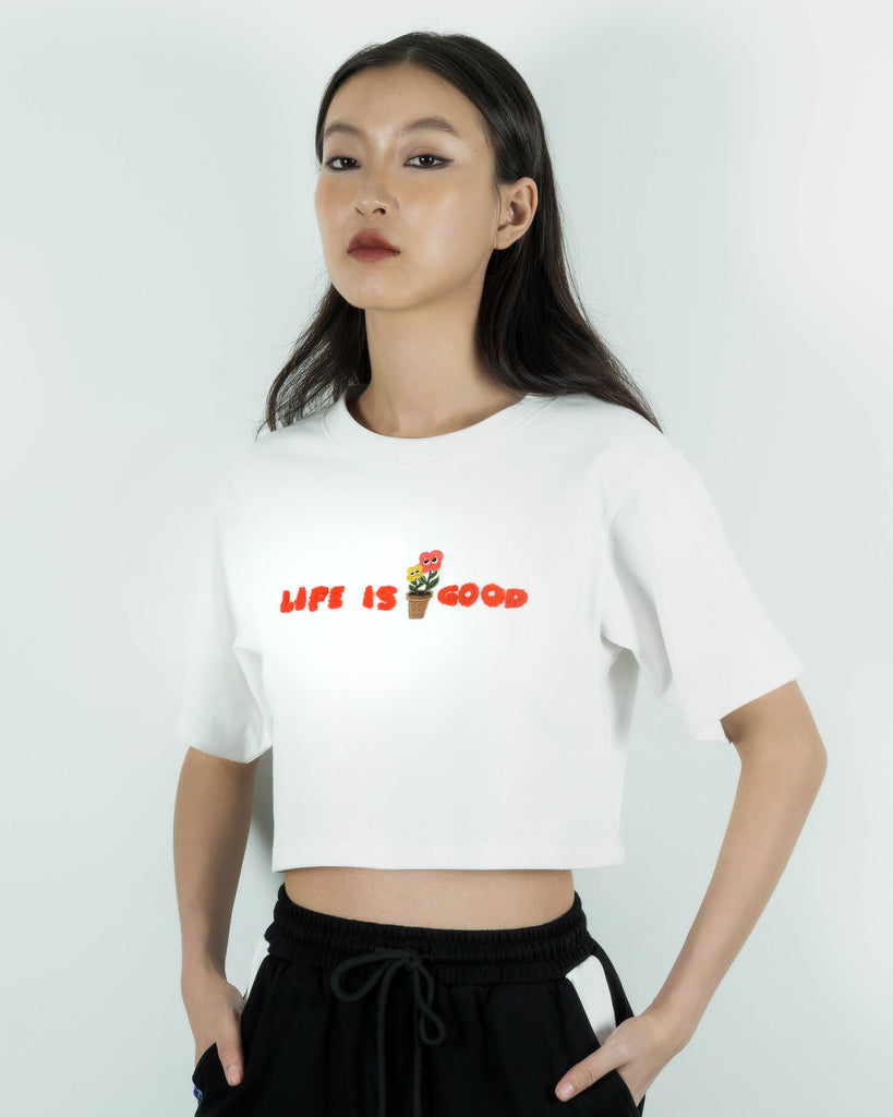 LULU Life Is Good Embroidery Crop Top (White)