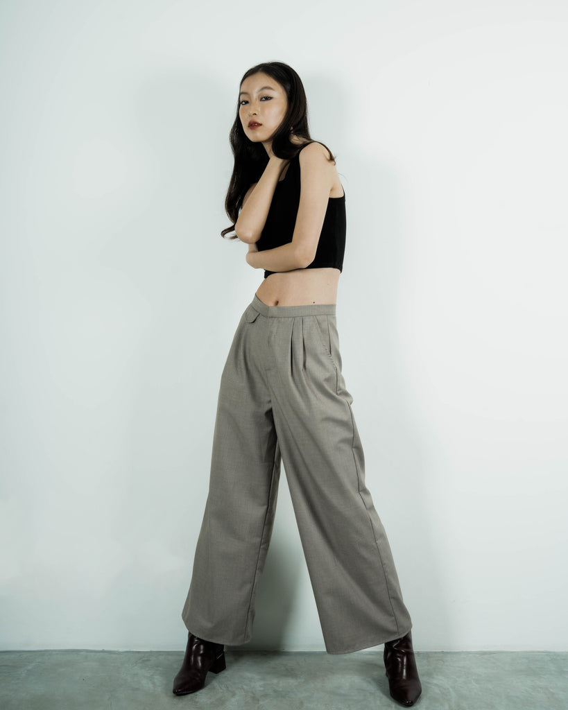 Pocket Flap Drape Trousers (Khaki Grey)