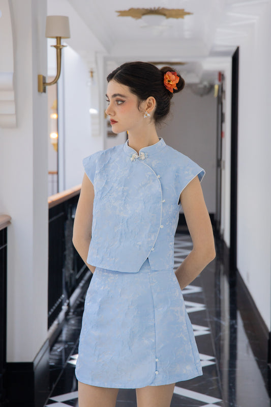 Spring Aura Embroidery Jade Button Cheongsam Top (Blue)