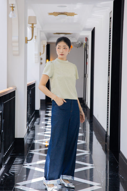 Glimmer Floral Mock Neck Top (Pastel Green)