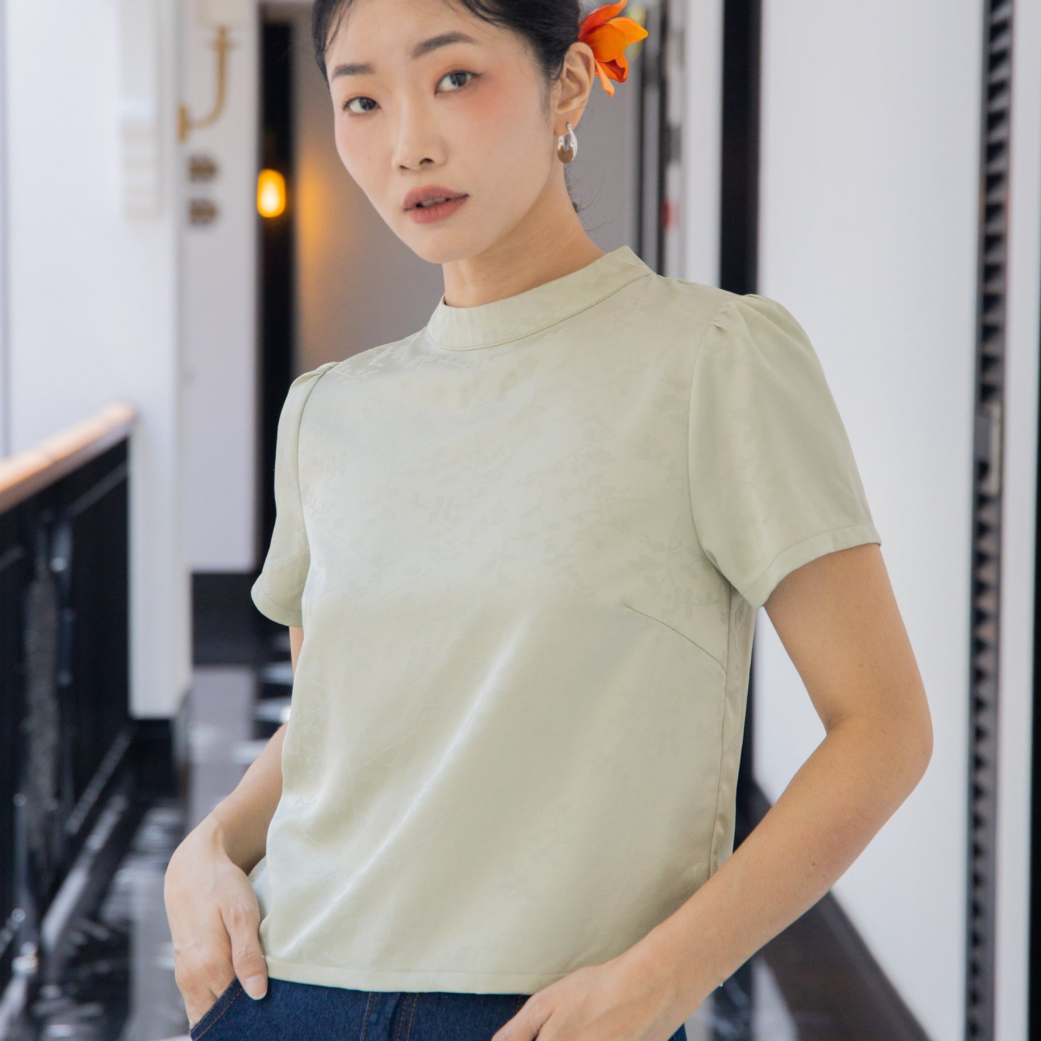 Glimmer Floral Mock Neck Top (Pastel Green)