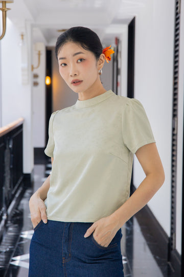Glimmer Floral Mock Neck Top (Pastel Green)