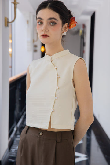 Elysse Mandarin Collar Side Buttons Cheongsam Top (White)