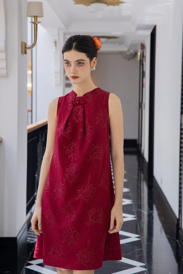 Floral Rouge Pleated Neckline Cheongsam Dress (Red)