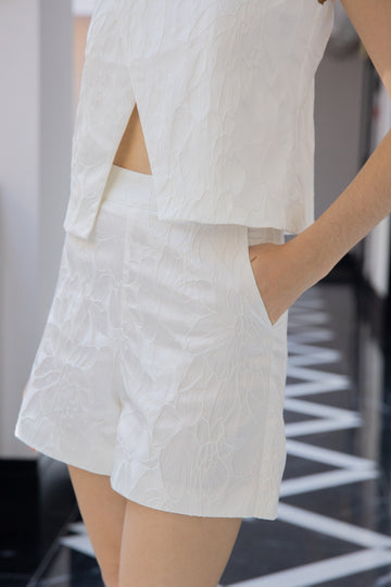 Moonlit Bloom A-Line Embroidery Shorts (White)