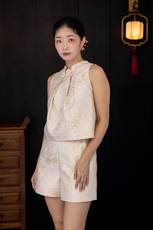 Floral Gold Embroidery A Line Shorts (Beige)