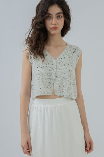 V Neck Button Down Crop Knit Top (White Mix)