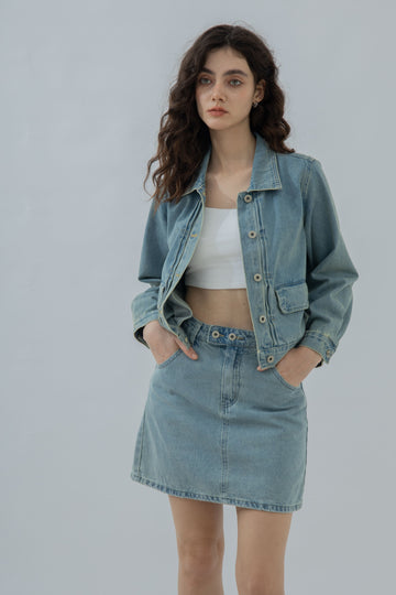 Dylan Front Pleat Denim Jacket (Denim)