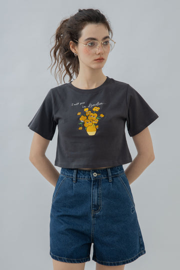 LULU Flower In A Vase Embroidery Crop Tee (Dark Grey)