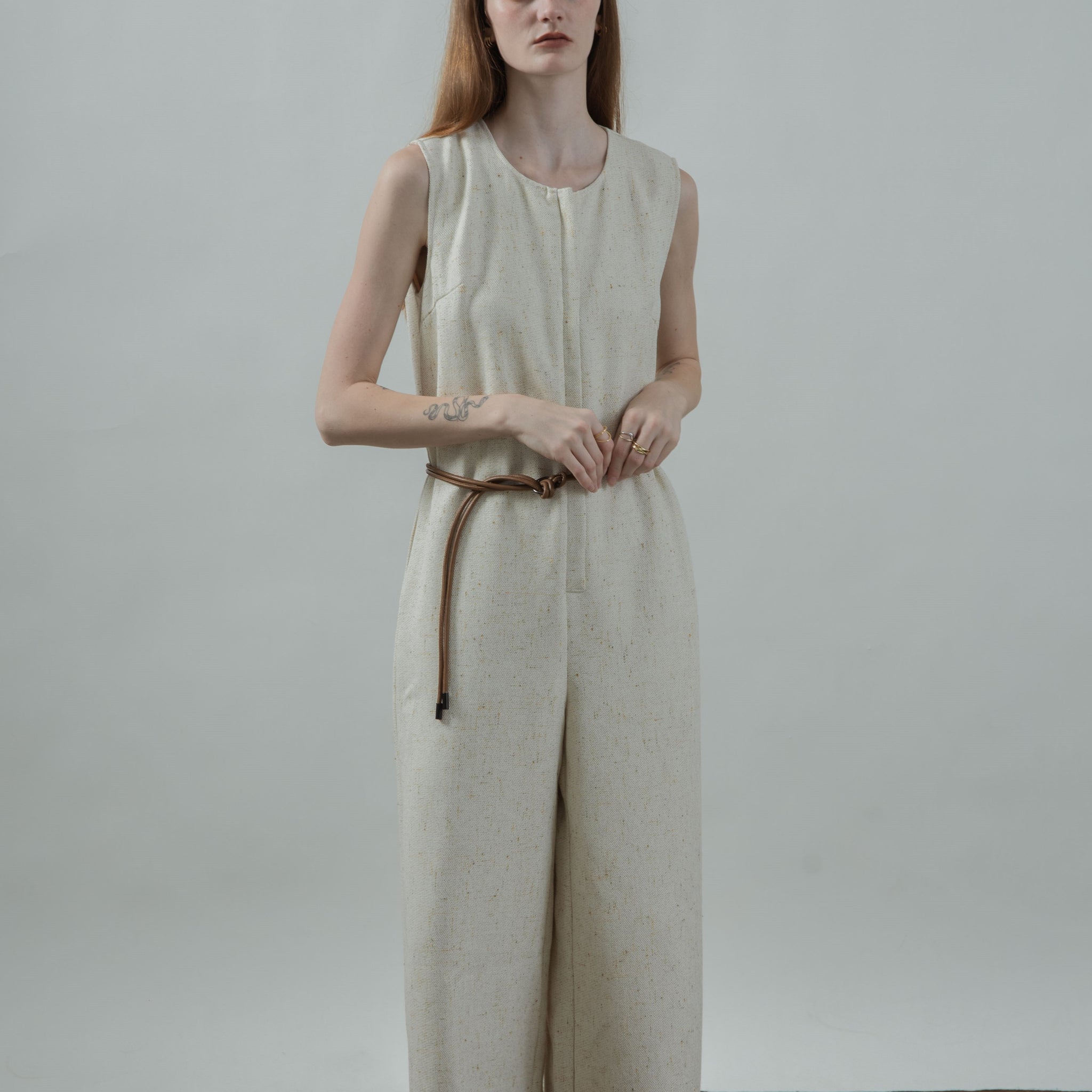 Tweed Sleeveless Loose Jumpsuit (Beige Mix)