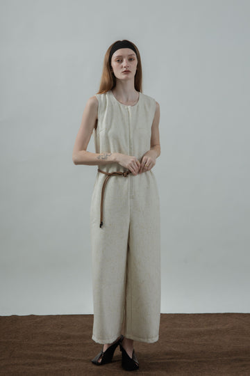 Tweed Sleeveless Loose Jumpsuit (Beige Mix)