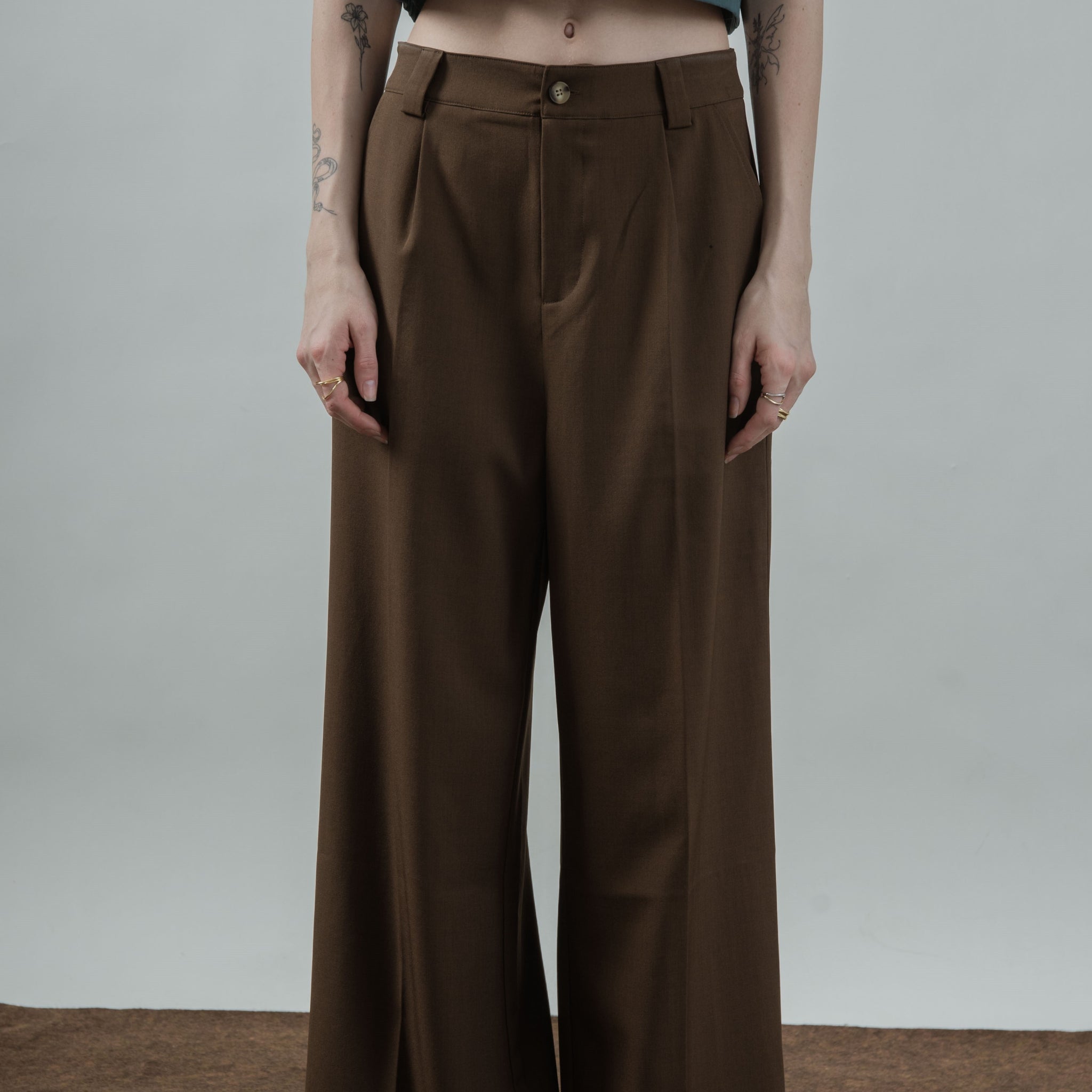 Classic High Waist Straight Cut Trousers (Dark Brown)