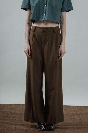 Classic High Waist Straight Cut Trousers (Dark Brown)