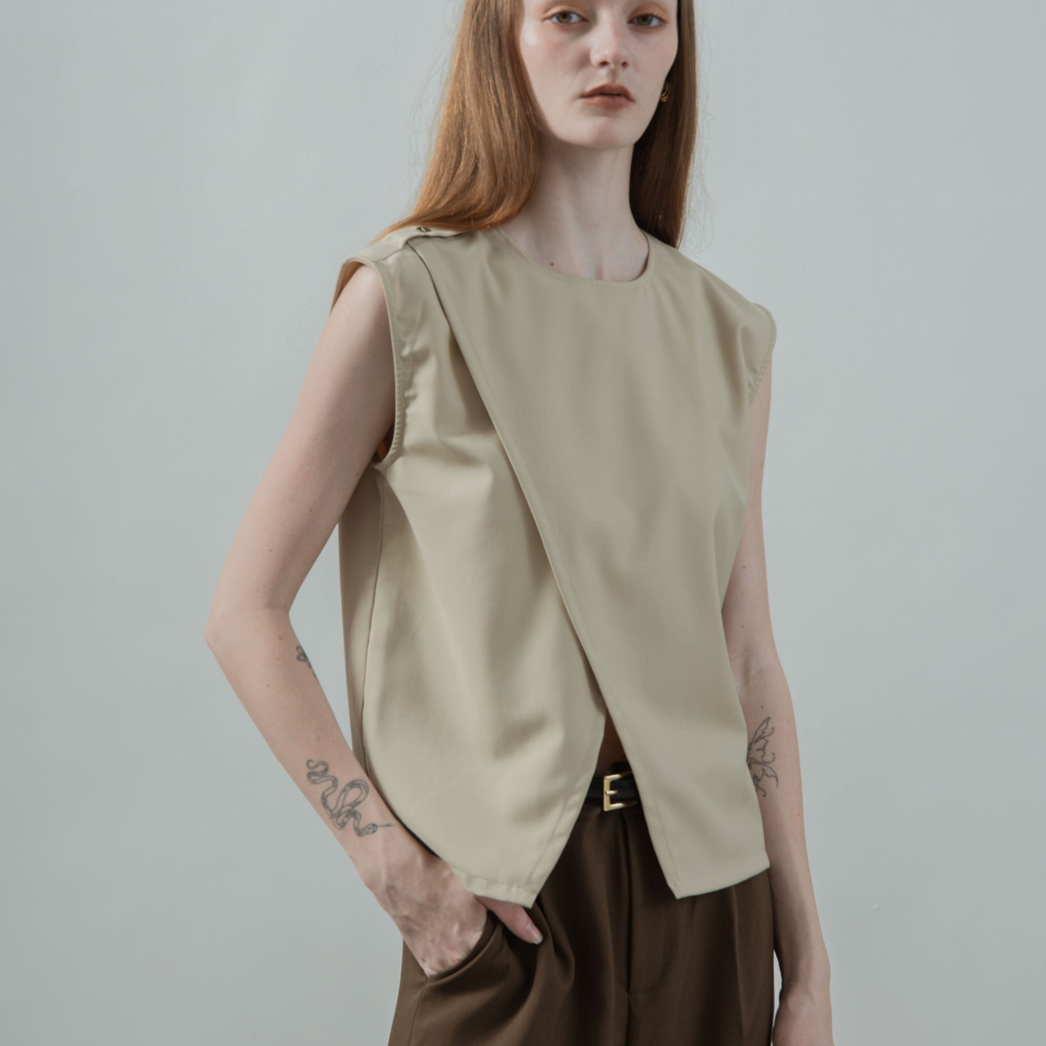 Two Way Overlap Tailored Top (Beige)