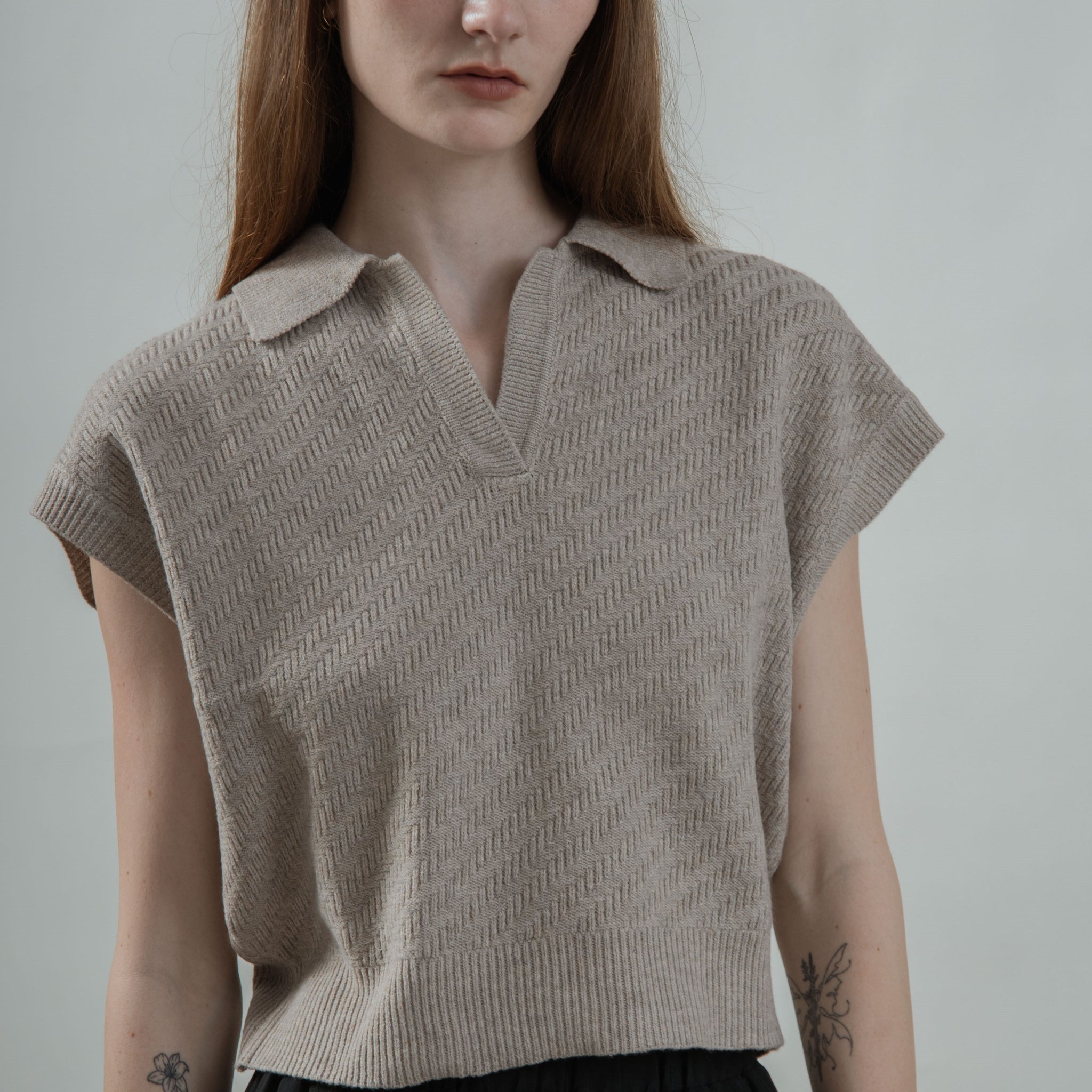 V Placket Collared Knit Top (Ash Brown)