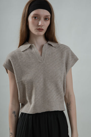 V Placket Collared Knit Top (Ash Brown)