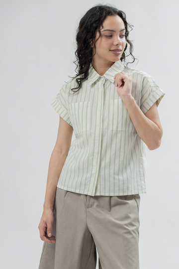 Lana Stripes Folded Short Sleeve Shirt (Green Stripes)