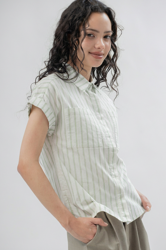 Lana Stripes Folded Short Sleeve Shirt (Green Stripes)