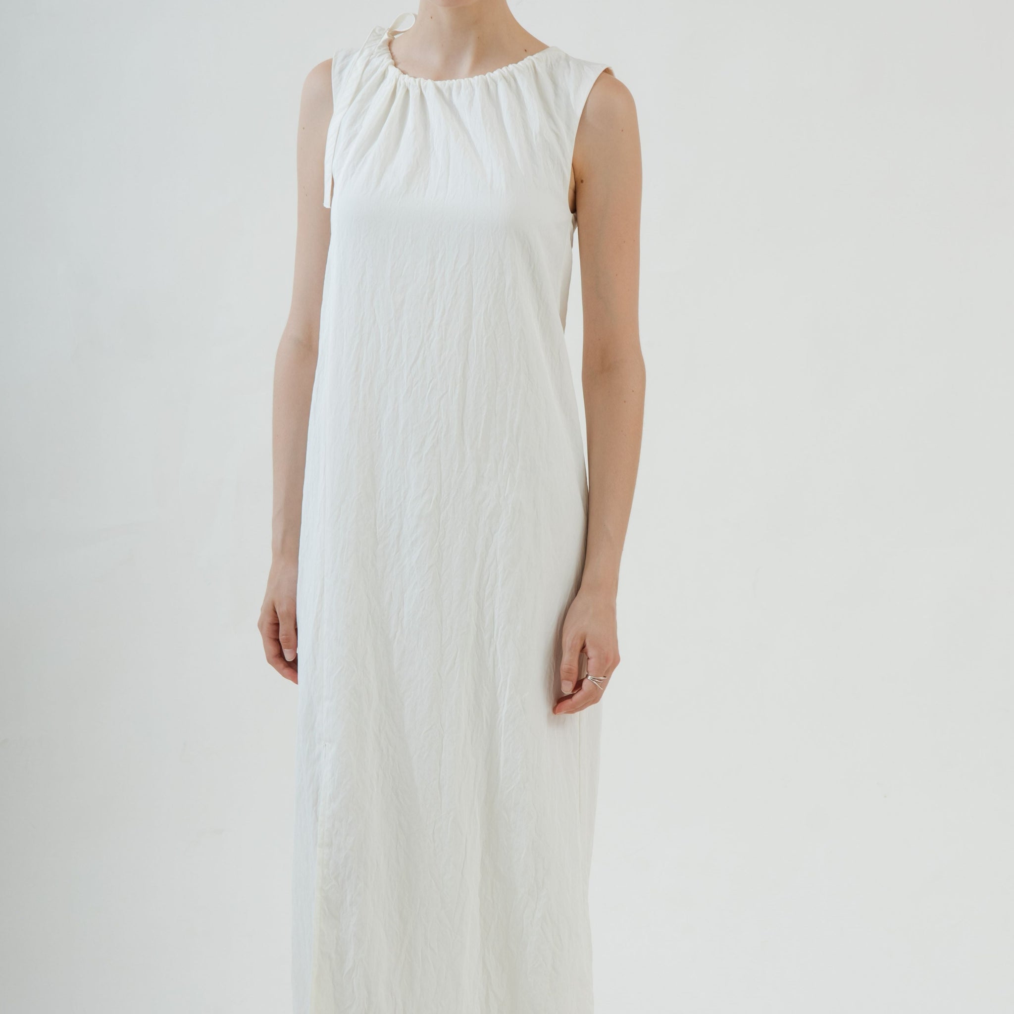 Gathered Neckline Dress (White)