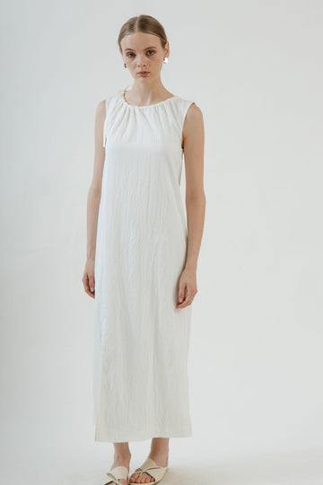 Gathered Neckline Dress (White)