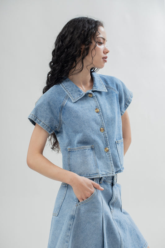 Malorie Pockets Denim Top (Washed Denim)