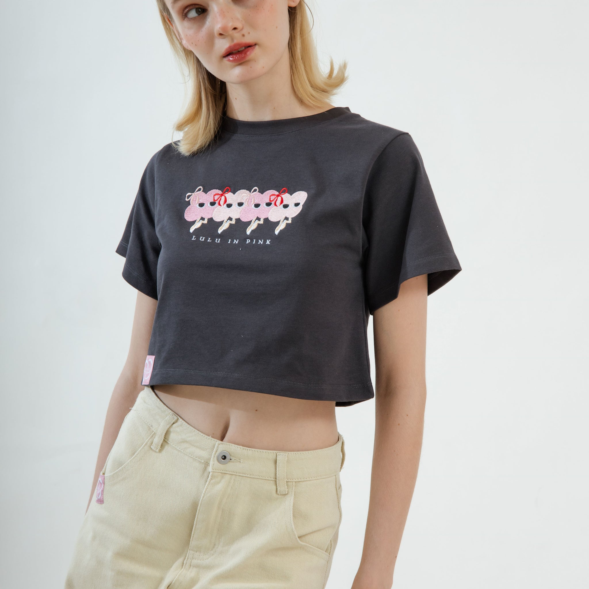 LULU In Pink Embroidery Crop Tee (Grey)